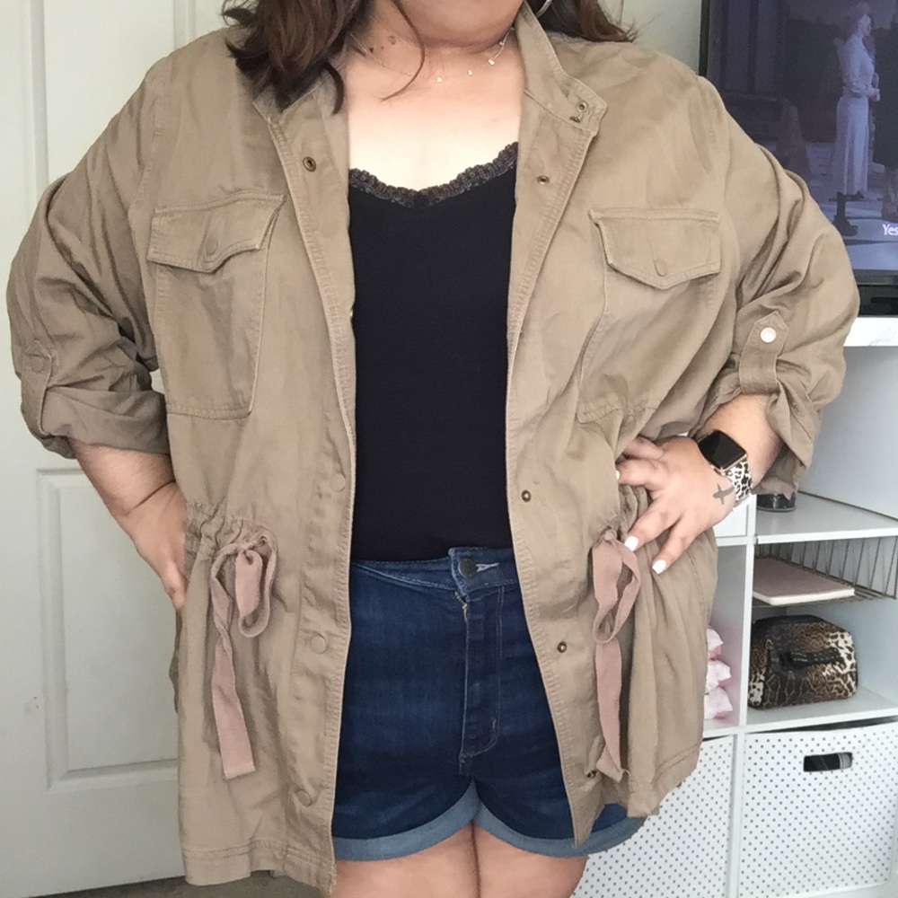 Women's Tan Utility Jacket - Casual Drawstring Waist
